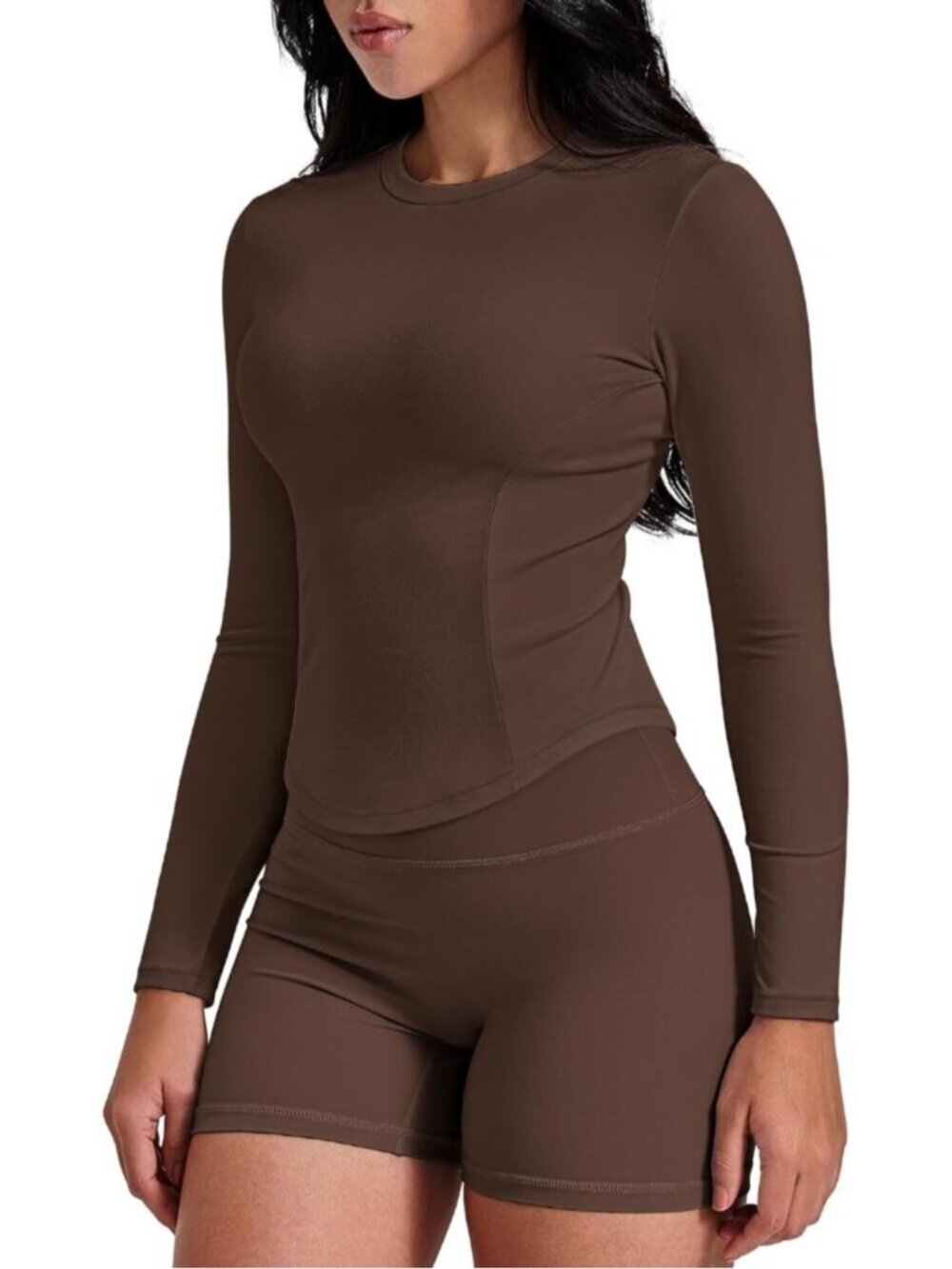 Women Brown Long Sleeve Workout Shirts Cropped Athletic Tops Slim Fit Crew Neck